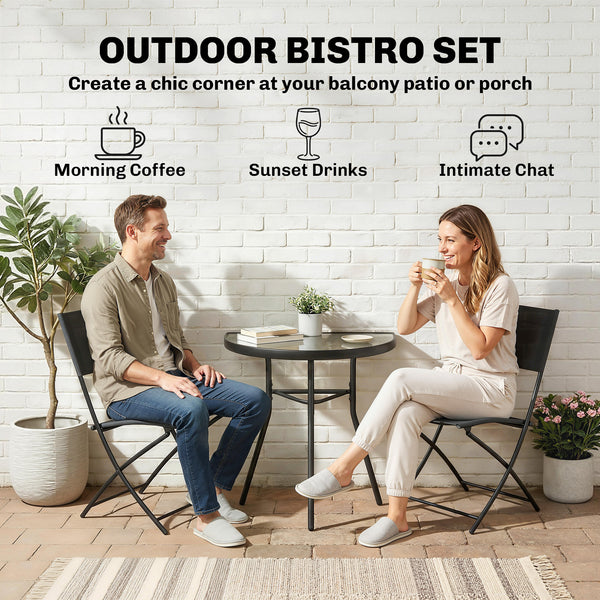 Ensemble de Salon de Jardin Bistrot 3 Pièces, Mobilier de Terrasse avec Table Semi-circulaire, 2 Chaises Pliantes, Maille, Cadre Métallique, Idéal pour Balcon, Patio, Jardin, Noir