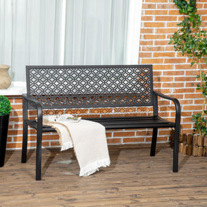 Banc de jardin, banc extérieur jardin en acier, avec dossier à motif floral, accoudoirs, pour 2 personnes, pour jardin, balcon, charge max. 240 kg, noir