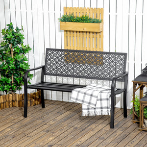 Banc de jardin, banc extérieur jardin en acier, avec dossier à motif floral, accoudoirs, pour 2 personnes, pour jardin, balcon, charge max. 240 kg, noir