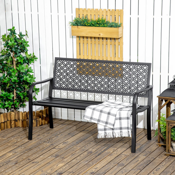 Banc de jardin, banc extérieur jardin en acier, avec dossier à motif floral, accoudoirs, pour 2 personnes, pour jardin, balcon, charge max. 240 kg, noir