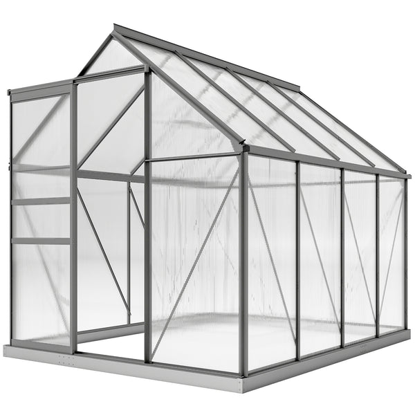 Serre de Jardin 4,8 m² en Aluminium Polycarbonate avec Fondation, 190 x 253 x 199 cm, Serre avec Fenêtre Réglable et Porte Coulissante, Abri Extérieur Résistant aux Intempéries, Gris Foncé