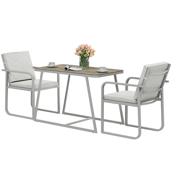 Salon de jardin extérieur 2 personnes, table de jardin extérieure avec 2 chaises, 4 coussins amovibles lavables, cadre en acier, table 72 cm, mobilier de jardin, terrasse, patio, gris