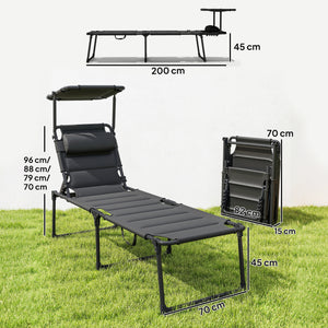 Bain de soleil, chaise longue pliante avec pare-soleil, appuie-tête en tissu Oxford, transat jardin extérieur inclinable de plage camping piscine terrasse 70 x 200 x 45 cm, noir