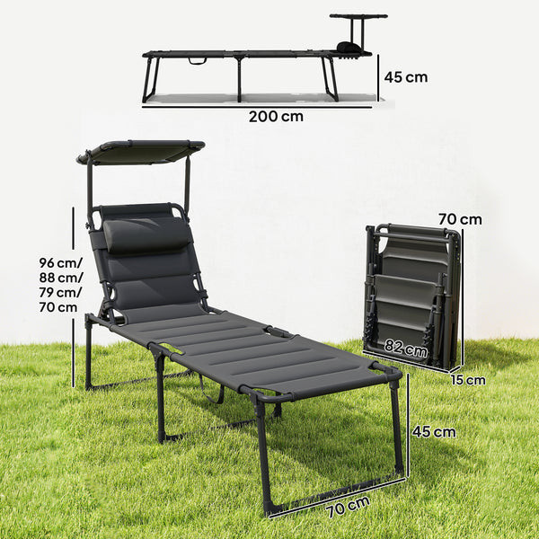Bain de soleil, chaise longue pliante avec pare-soleil, appuie-tête en tissu Oxford, transat jardin extérieur inclinable de plage camping piscine terrasse 70 x 200 x 45 cm, noir