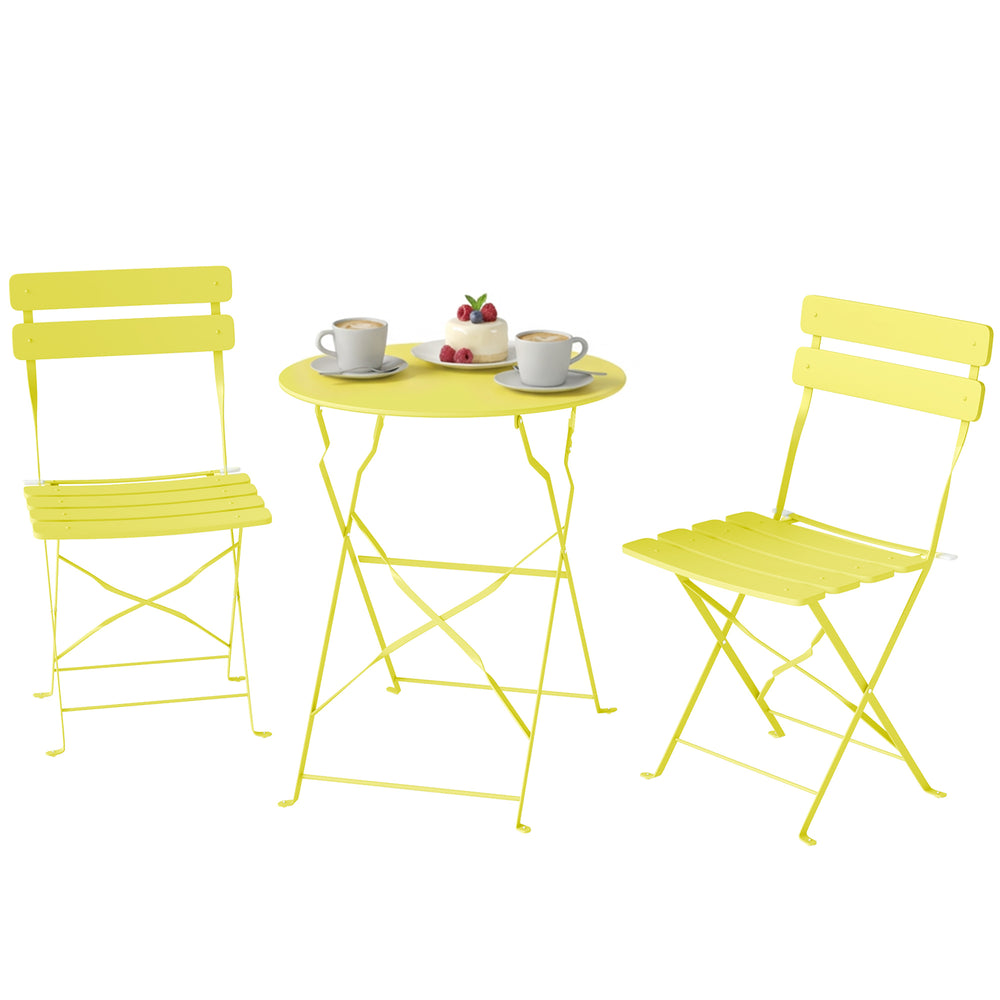 Ensemble Bistrot de Jardin 3 Pièces san Montage - Table et 2 Chaises Pliantes à Lattes en Métal avec Double Protection Antirouille - Mobilier de Balcon et Terrasse Chic, Jaune