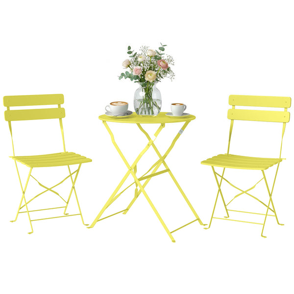 Ensemble Bistrot de Jardin 3 Pièces san Montage - Table et 2 Chaises Pliantes à Lattes en Métal avec Double Protection Antirouille - Mobilier de Balcon et Terrasse Chic, Jaune
