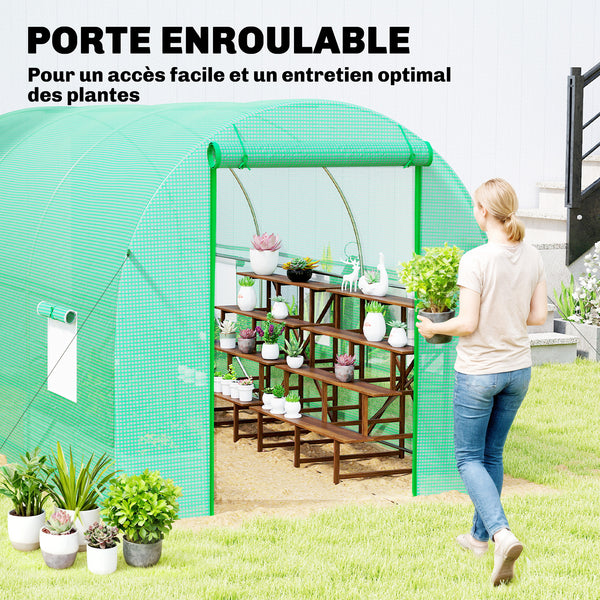 Serre tunnel de jardin 8m², serre de jardin tunnel 400x200x200cm avec porte et 6 fenêtres, pour extérieur, toutes saisons, légumes, fruits, fleurs, bâche PE haute densité 140 g/m² vert