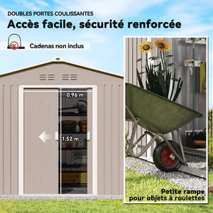 Abri de jardin en acier galvanisé XXL 5,4 m² avec kit de fondation 277x195x192cm, cabane de jardin toit en fibre de verre, cabanon rangement outils portes coulissantes 4 aérations gris clair