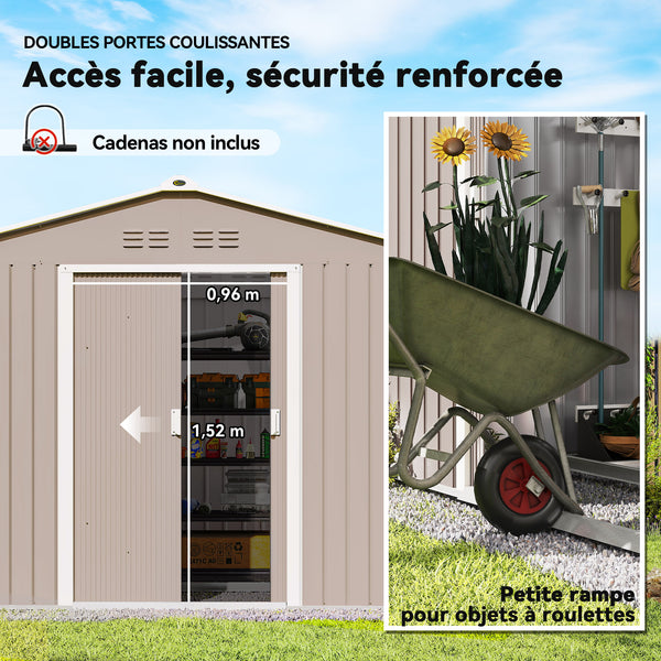 Abri de jardin en acier galvanisé XXL 5,4 m² avec kit de fondation 277x195x192cm, cabane de jardin toit en fibre de verre, cabanon rangement outils portes coulissantes 4 aérations gris clair