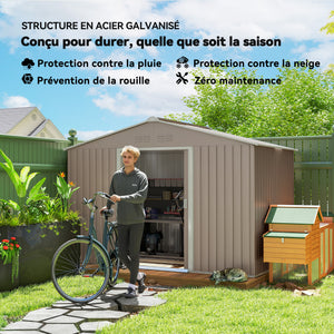 Abri de jardin en acier galvanisé XXL 5,4 m² avec kit de fondation 277x195x192cm, cabane de jardin toit en fibre de verre, cabanon rangement outils portes coulissantes 4 aérations gris clair