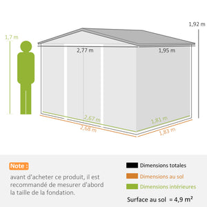 Abri de jardin en acier galvanisé XXL 5,4 m² avec kit de fondation 277x195x192cm, cabane de jardin toit en fibre de verre, cabanon rangement outils portes coulissantes 4 aérations gris clair