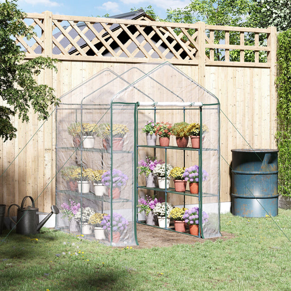 Serre de jardin avec étagères 3 niveaux, serre de balcon, châssis en acier, porte zippée enroulable, pour légumes plantes fleurs, intérieur et extérieur, 143x143x195cm, transparent