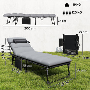 Lot de 2 Bain de Soleil avec Matelas 9cm - Chaise Longue Jardin 200cm Pliable Dossier Réglable 5 Positions, Appui-tête et Poche Latérale - Transat de Jardin pour Terrasse Plage Camping, Gris