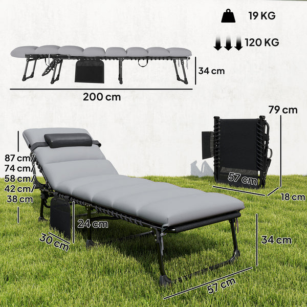 Lot de 2 Bain de Soleil avec Matelas 9cm - Chaise Longue Jardin 200cm Pliable Dossier Réglable 5 Positions, Appui-tête et Poche Latérale - Transat de Jardin pour Terrasse Plage Camping, Gris