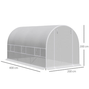 Serre tunnel de jardin 8m², serre de jardin tunnel 400x200x200cm avec porte et 6 fenêtres, pour extérieur, toutes saisons, légumes, fruits, fleurs, bâche PE haute densité 140 g/m² blanc