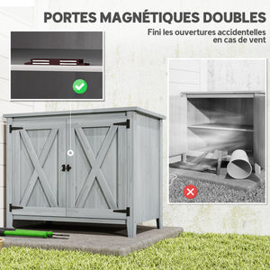 Armoire de Jardin en Bois, Placard de Jardin en Bois avec Étagères et Double Portes, Armoire à Outils, 110 x 60 x 88,5 cm, Gris Clair