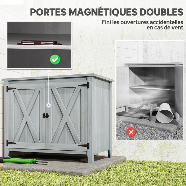 Armoire de Jardin en Bois, Placard de Jardin en Bois avec Étagères et Double Portes, Armoire à Outils, 110 x 60 x 88,5 cm, Gris Clair