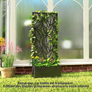 Jardinière avec treillis, bac à fleurs, lit surélevé avec brise-vue, à motif de feuilles, pour plantes grimpantes, légumes, fleurs, métal, intérieur et extérieur, 45x21,5x110cm, noir