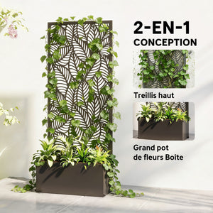 Jardinière avec treillis, bac à fleurs, lit surélevé avec brise-vue, à motif de feuilles, pour plantes grimpantes, légumes, fleurs, métal, intérieur et extérieur, 45x21,5x110cm, noir
