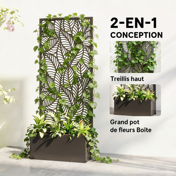 Jardinière avec treillis, bac à fleurs, lit surélevé avec brise-vue, à motif de feuilles, pour plantes grimpantes, légumes, fleurs, métal, intérieur et extérieur, 45x21,5x110cm, noir