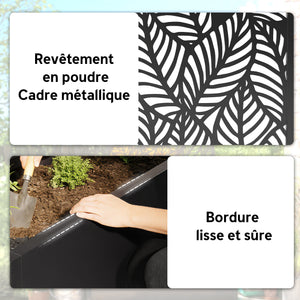 Jardinière avec treillis, bac à fleurs, lit surélevé avec brise-vue, à motif de feuilles, pour plantes grimpantes, légumes, fleurs, métal, intérieur et extérieur, 45x21,5x110cm, noir
