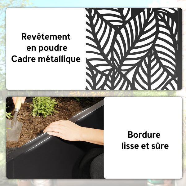 Jardinière avec treillis, bac à fleurs, lit surélevé avec brise-vue, à motif de feuilles, pour plantes grimpantes, légumes, fleurs, métal, intérieur et extérieur, 45x21,5x110cm, noir
