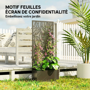 Jardinière avec treillis, bac à fleurs, lit surélevé avec brise-vue, à motif de feuilles, pour plantes grimpantes, légumes, fleurs, métal, intérieur et extérieur, 45x21,5x110cm, noir