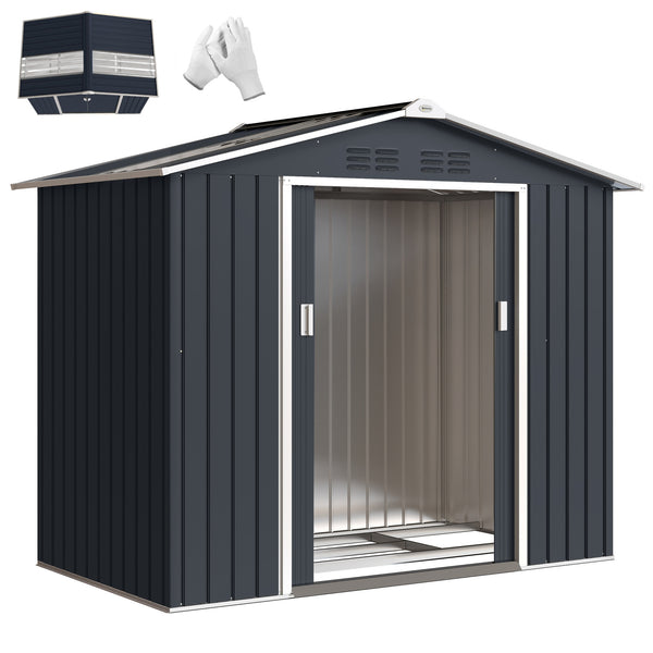 Abri de jardin en métal 2,77 m² cabane de jardin 213 x 130 x 185 cm cabanon rangement outils avec fondation, porte coulissante verrouillables, 4 aérations et lucarne - gris foncé