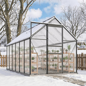 Serre de Jardin 7 m² en Aluminium Polycarbonate avec Fondation, 190 x 375 x 199 cm, Serre avec Fenêtre Réglable et Porte Coulissante, Abri Extérieur Résistant aux Intempéries, Gris Foncé