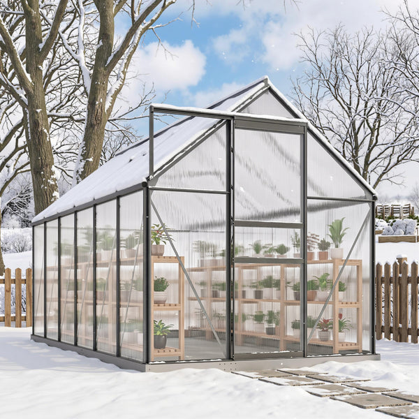 Serre de Jardin 7 m² en Aluminium Polycarbonate avec Fondation, 190 x 375 x 199 cm, Serre avec Fenêtre Réglable et Porte Coulissante, Abri Extérieur Résistant aux Intempéries, Gris Foncé