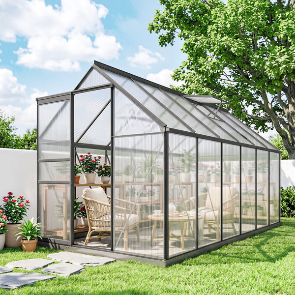 Serre de Jardin 7 m² en Aluminium Polycarbonate avec Fondation, 190 x 375 x 199 cm, Serre avec Fenêtre Réglable et Porte Coulissante, Abri Extérieur Résistant aux Intempéries, Gris Foncé
