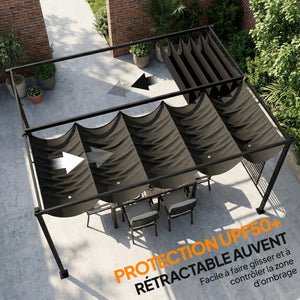 Pergola Jardin Extérieur 3x4m avec Tonnelle à Vigne, Protection UV50+ et Toit Rétractable - Abri de Terrasse en Acier et Panneaux d'Intimité pour Plantes Grimpantes et Terrasse, Gris Foncé