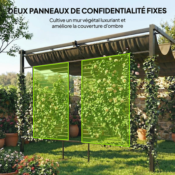 Pergola Jardin Extérieur 3x4m avec Tonnelle à Vigne, Protection UV50+ et Toit Rétractable - Abri de Terrasse en Acier et Panneaux d'Intimité pour Plantes Grimpantes et Terrasse, Gris Foncé