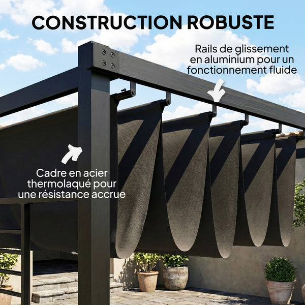 Pergola Jardin Extérieur 3x4m avec Tonnelle à Vigne, Protection UV50+ et Toit Rétractable - Abri de Terrasse en Acier et Panneaux d'Intimité pour Plantes Grimpantes et Terrasse, Gris Foncé