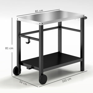Desserte plancha extérieure avec plan de travail en acier inoxydable, chariot de barbecue avec étagère, desserte de jardin avec crochets, porte-serviettes, 2 roues, 102x50x81cm, gris charbon