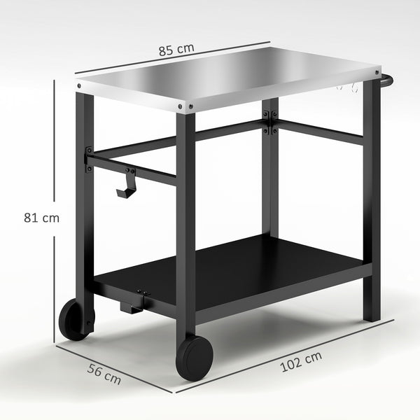 Desserte plancha extérieure avec plan de travail en acier inoxydable, chariot de barbecue avec étagère, desserte de jardin avec crochets, porte-serviettes, 2 roues, 102x50x81cm, gris charbon
