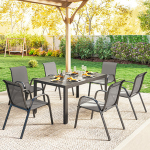 Salon de jardin extérieur 7 pièces, table de jardin extérieure avec 6 chaises empilables, plateau à lattes 150 cm, structure en acier anti-rouille, mobilier de jardin, terrasse, Gris Clair