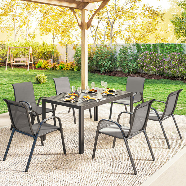 Salon de jardin extérieur 7 pièces, table de jardin extérieure avec 6 chaises empilables, plateau à lattes 150 cm, structure en acier anti-rouille, mobilier de jardin, terrasse, Gris Clair