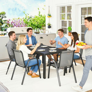 Salon de jardin extérieur 7 pièces, table de jardin extérieure avec 6 chaises empilables, plateau à lattes 150 cm, structure en acier anti-rouille, mobilier de jardin, terrasse, Gris Clair