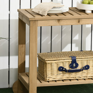 Desserte de jardin chariot pour plancha barbecue en bois avec poignée 2 plateaux et porte-bouteilles 95 x 47 x 74 cm