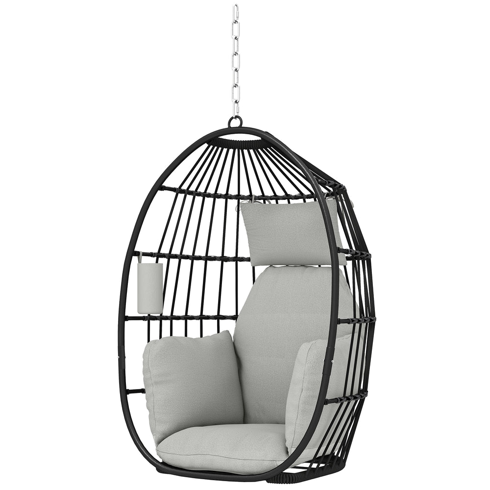 Fauteuil suspendu, fauteuil œuf suspendu, chaise hamac balançoire - panier pliable, coussins rembourrés, porte-gobelet, oreiller, pour intérieur et extérieur, capacité de 120 kg, gris foncé