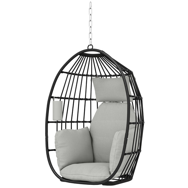 Fauteuil suspendu, fauteuil œuf suspendu, chaise hamac balançoire - panier pliable, coussins rembourrés, porte-gobelet, oreiller, pour intérieur et extérieur, capacité de 120 kg, gris foncé