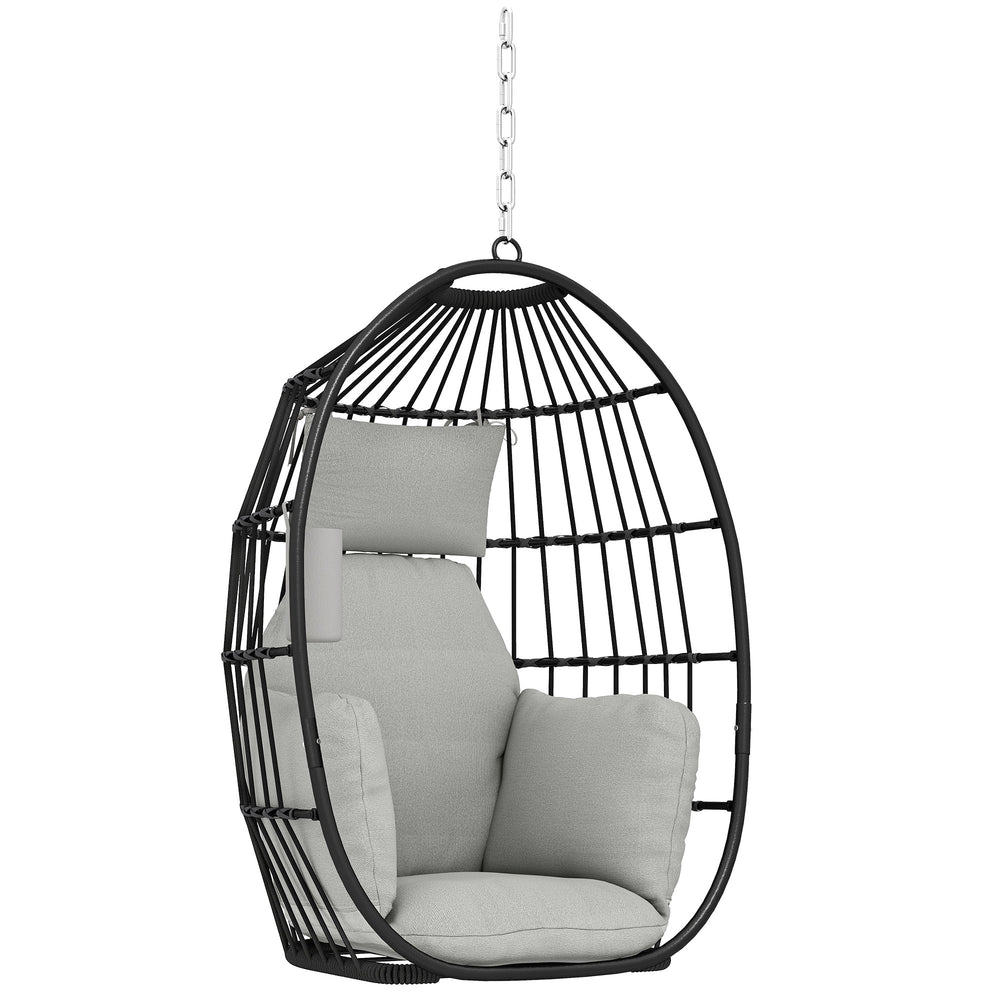 Fauteuil suspendu, fauteuil œuf suspendu, chaise hamac balançoire - panier pliable, coussins rembourrés, porte-gobelet, oreiller, pour intérieur et extérieur, capacité de 120 kg, gris foncé