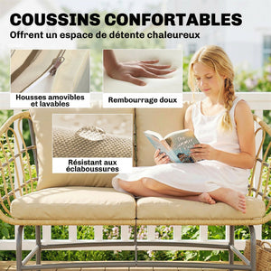 Canapé de Jardin 2 Places en Résine Tressée - Salon de Jardin Extérieur avec Coussins Épais Anti-glisse - Banquette de Balcon et Terrasse en Rotin Design pour Mobilier de Jardin, Marron