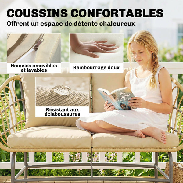 Canapé de Jardin 2 Places en Résine Tressée - Salon de Jardin Extérieur avec Coussins Épais Anti-glisse - Banquette de Balcon et Terrasse en Rotin Design pour Mobilier de Jardin, Marron