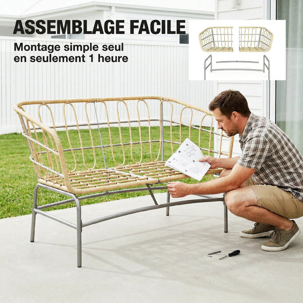 Canapé de Jardin 2 Places en Résine Tressée - Salon de Jardin Extérieur avec Coussins Épais Anti-glisse - Banquette de Balcon et Terrasse en Rotin Design pour Mobilier de Jardin, Marron