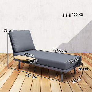 Chaise Longue de Jardin avec Coussins Lavables en Oléfine et Étagère Latérale, Cadre en Métal, Bain de Soleil pour Jardin et Terrasse, Gris