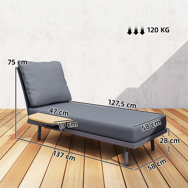 Chaise Longue de Jardin avec Coussins Lavables en Oléfine et Étagère Latérale, Cadre en Métal, Bain de Soleil pour Jardin et Terrasse, Gris