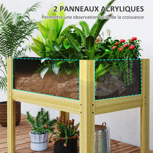 Jardinière sur pieds, carré potager de jardin sur pieds avec panneaux en acrylique et trous de drainage, potager surélevé en bois pour fleurs, herbes, légumes, 75 x 46 x 60,5 cm, bois naturel