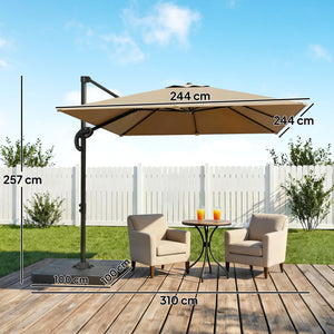 Parasol déporté carré 2,4x2,4m avec pied et dalles lestage - parasol de jardin extérieur, mât aluminium et rotatif 360° par pédale - UV50+ et inclinaison 5 positions pour terrasse, kaki